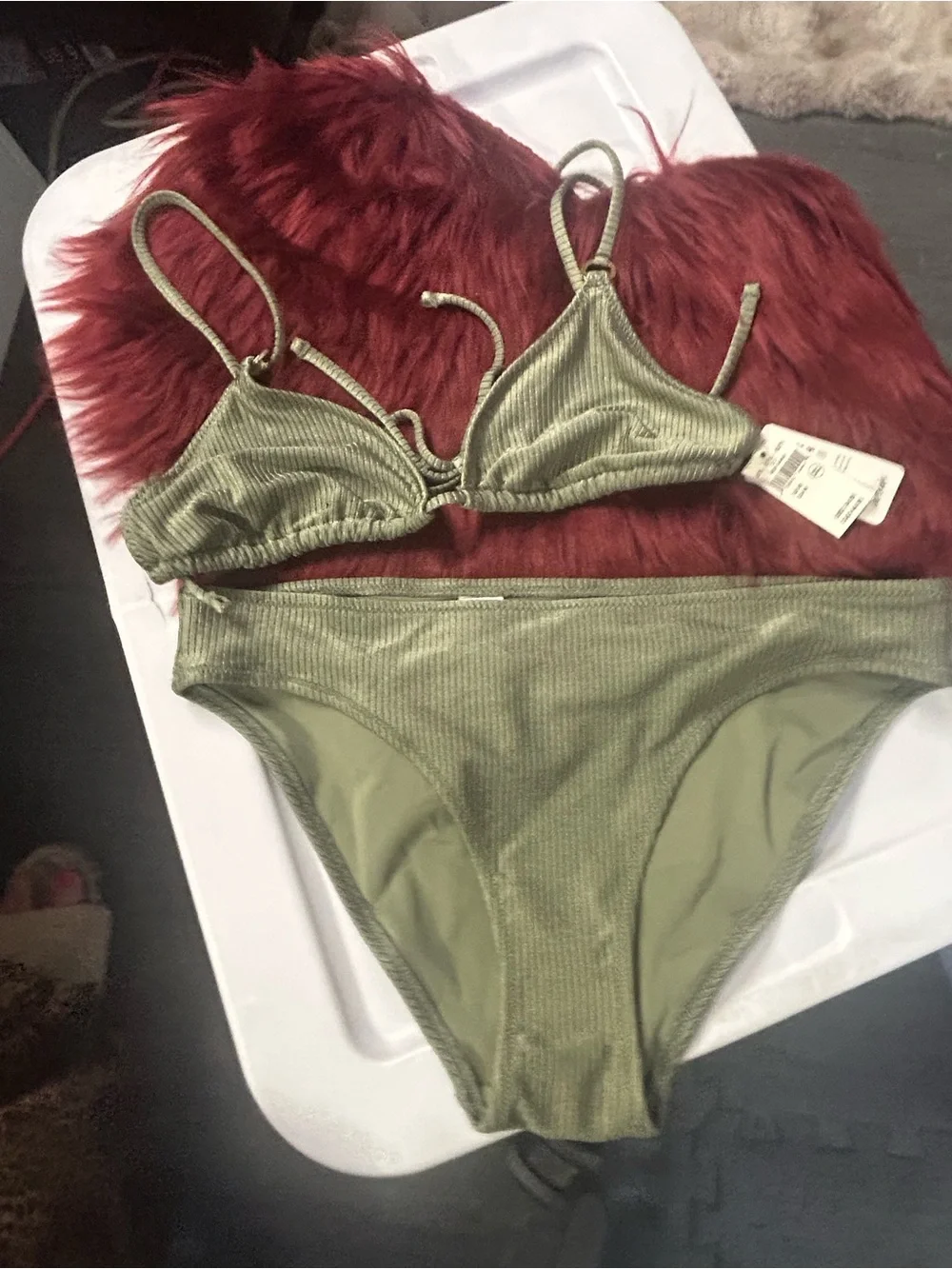 NWT Aerie Shine Ribbed Olive Ribbed Triangle String Bikini Set